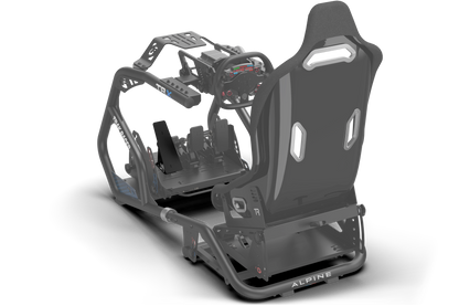 Car racing simulator cockpit with steering wheel and seat on a white background