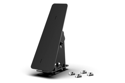 Black metal stand with adjustable legs on a white background