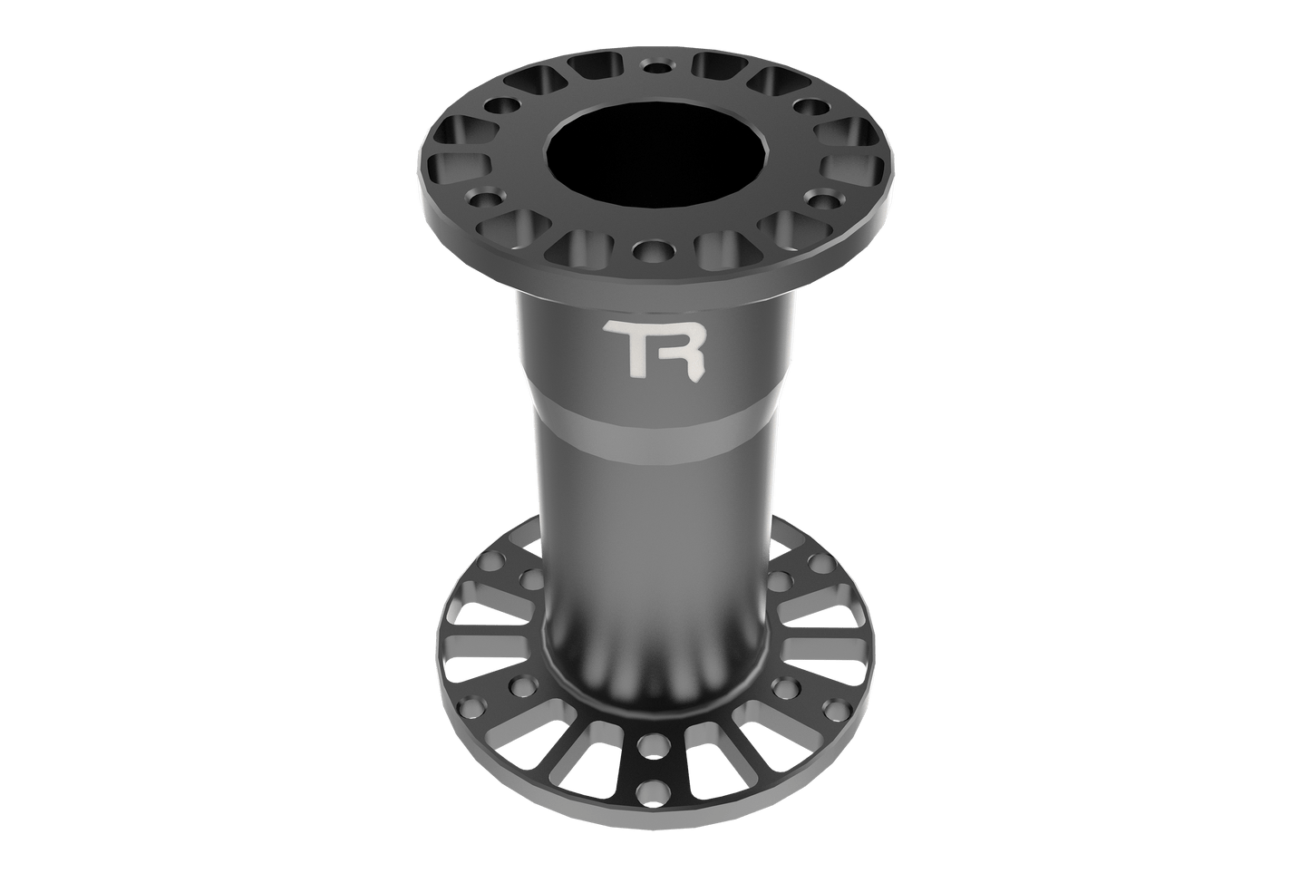 Bicycle hub with 'TR' branding on a green background