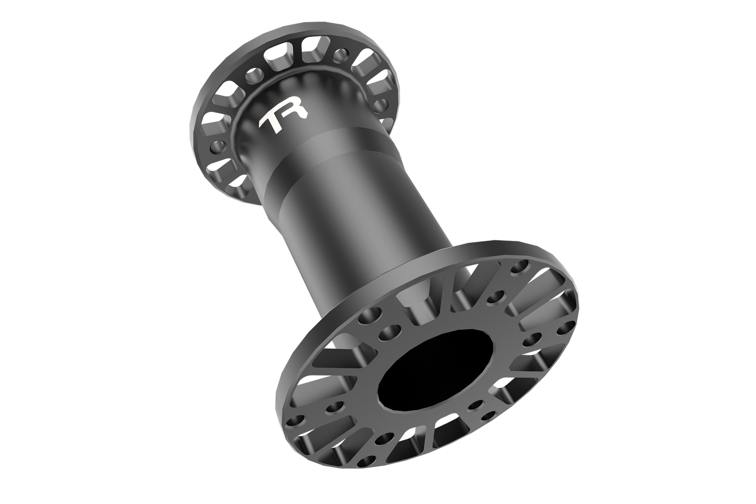 Black bicycle hub with brand logo on a transparent background