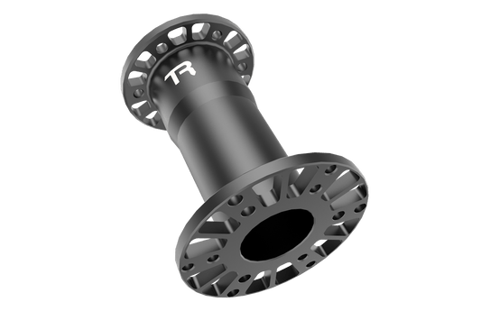 Black bicycle hub with brand logo on a transparent background