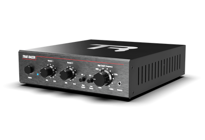 Black audio mixer with control knobs on a white background