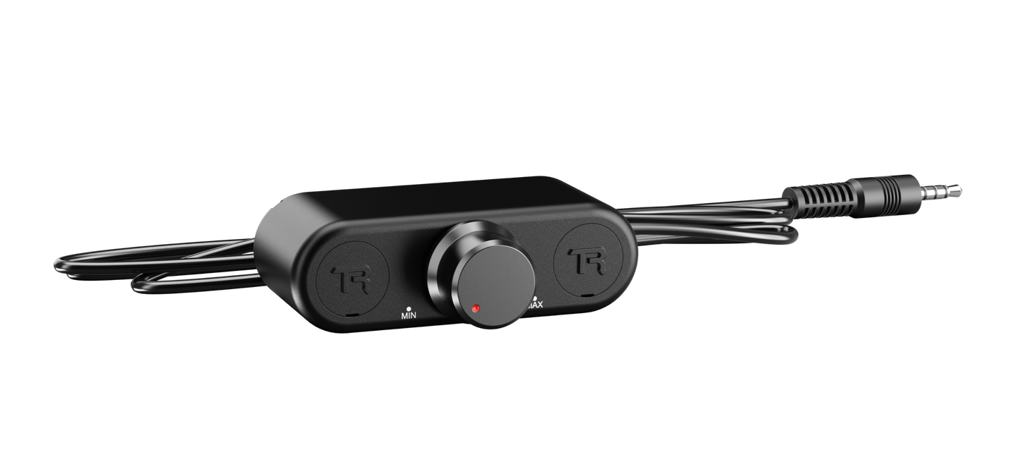 Black audio adapter with multiple ports on a white background