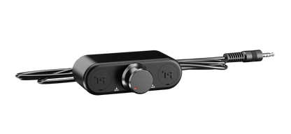 Black audio adapter with multiple ports on a white background