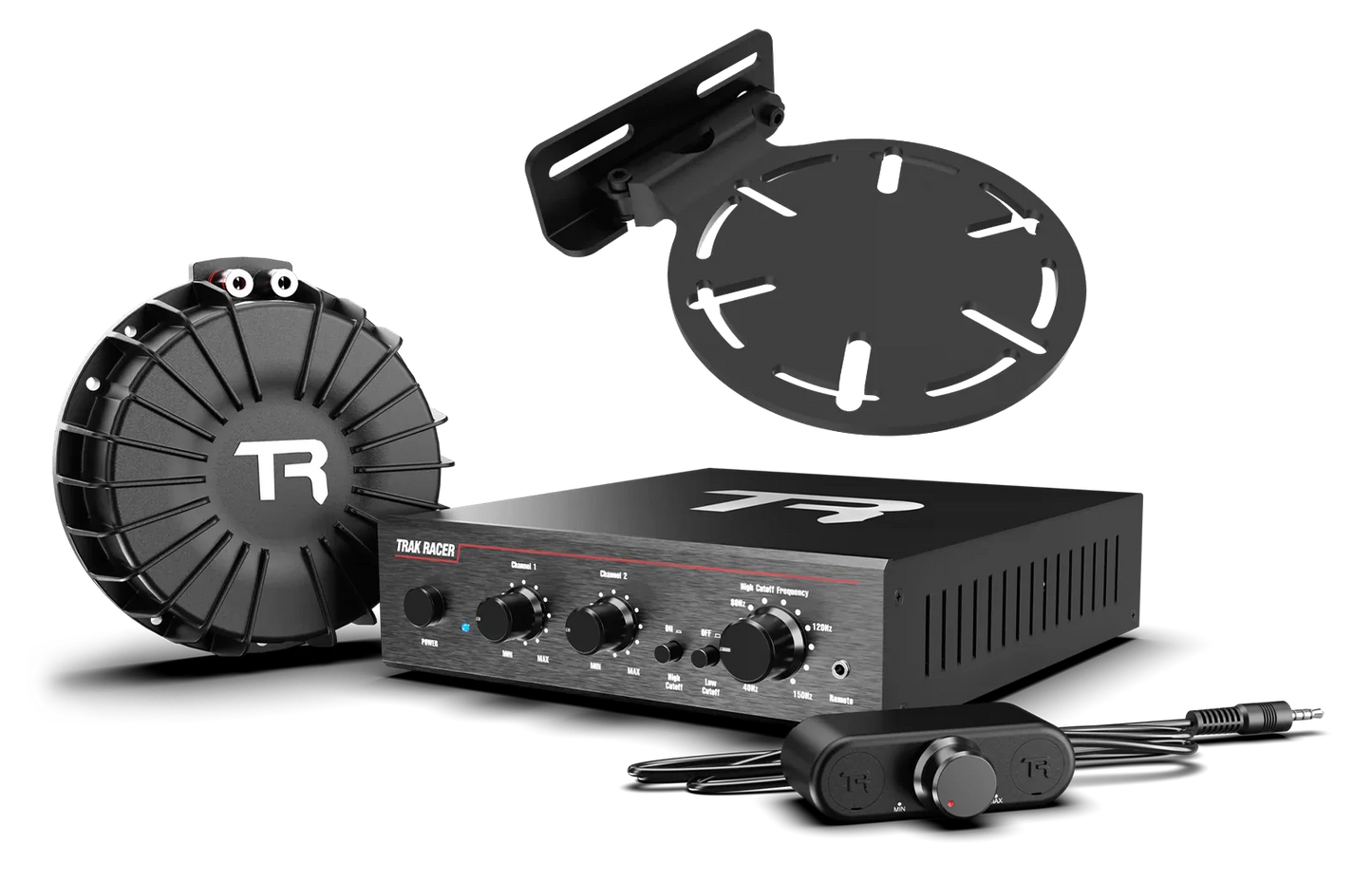 Car audio system with amplifier, speaker, and mounting bracket on a white background