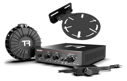 Car audio system with amplifier, speaker, and mounting bracket on a white background