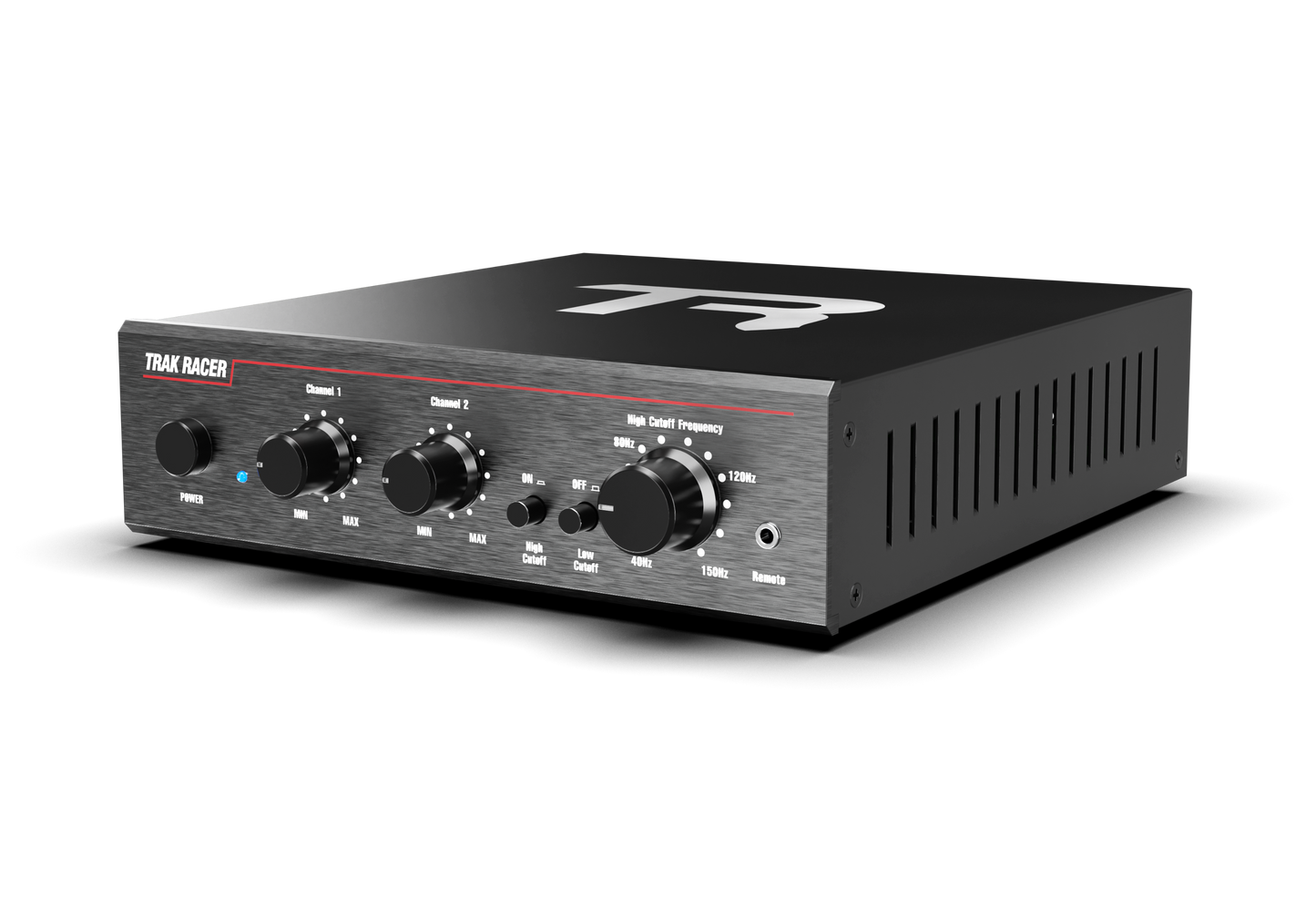 Black audio mixer with control knobs on a white background