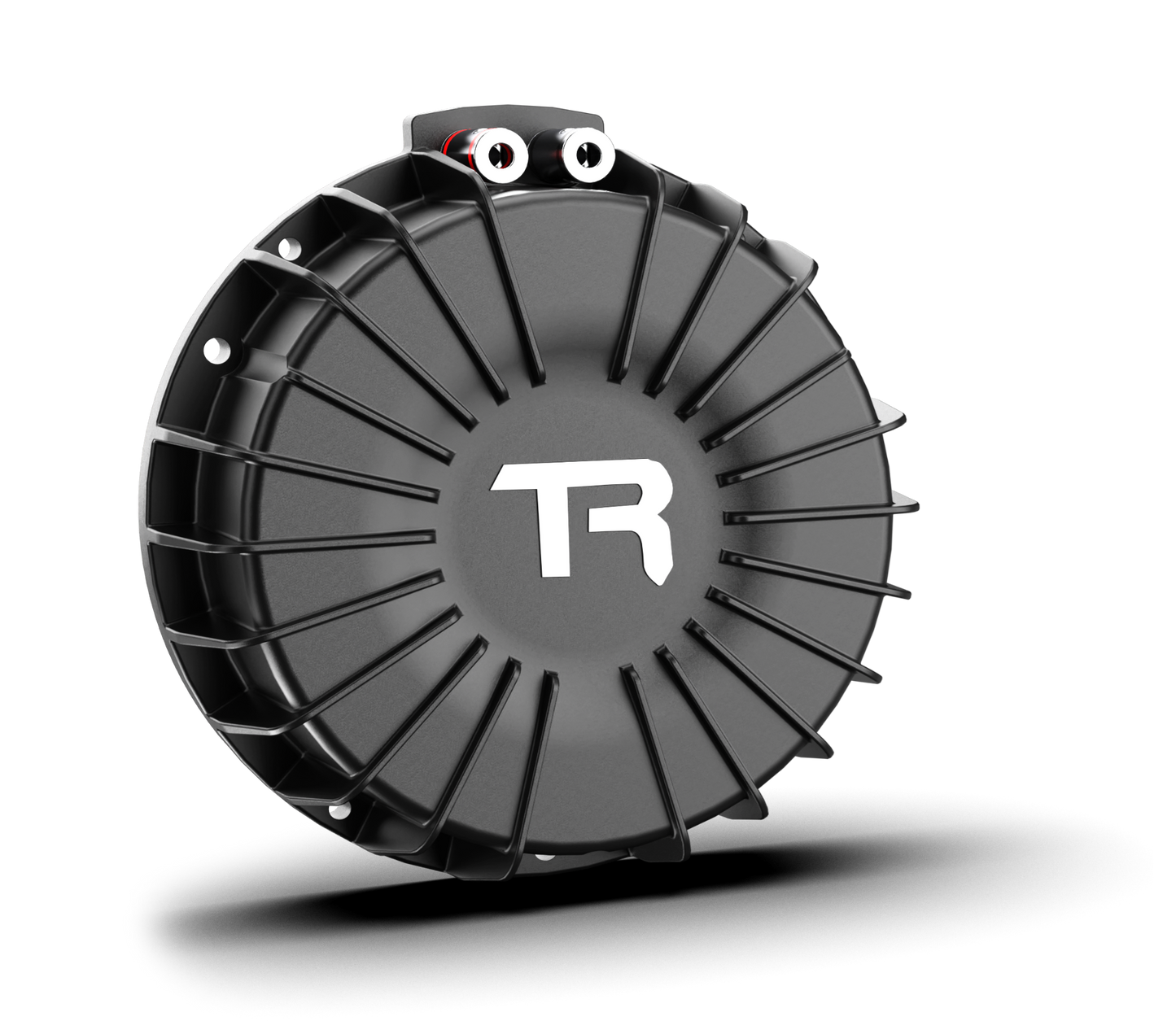 Black circular component with 'TR' logo on a white background