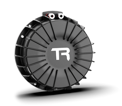 Black circular component with 'TR' logo on a white background