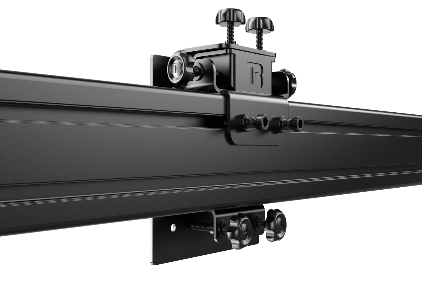 Close-up of a black metal rod with attached components on a white background