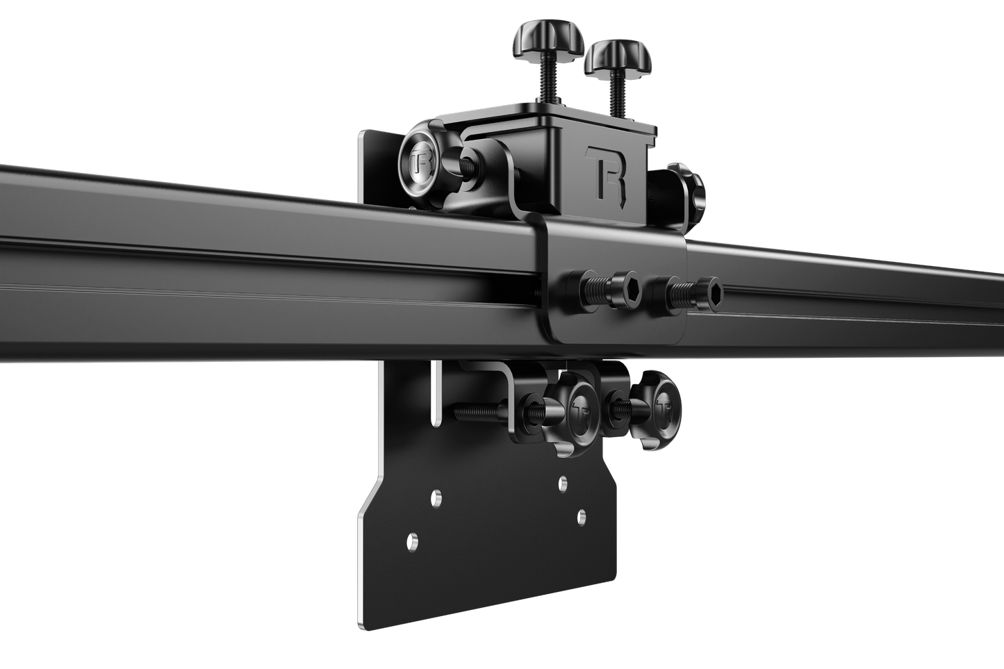 Black metal rod with adjustable components on a white background