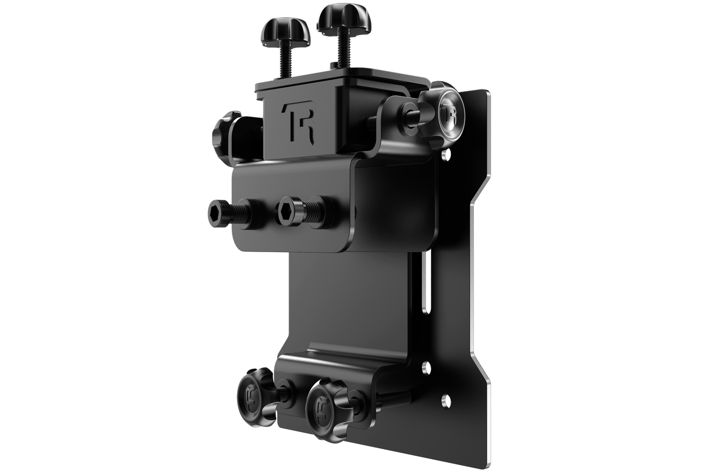 Black metal bracket with multiple attachments on a white background