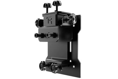 Black metal bracket with multiple attachments on a white background