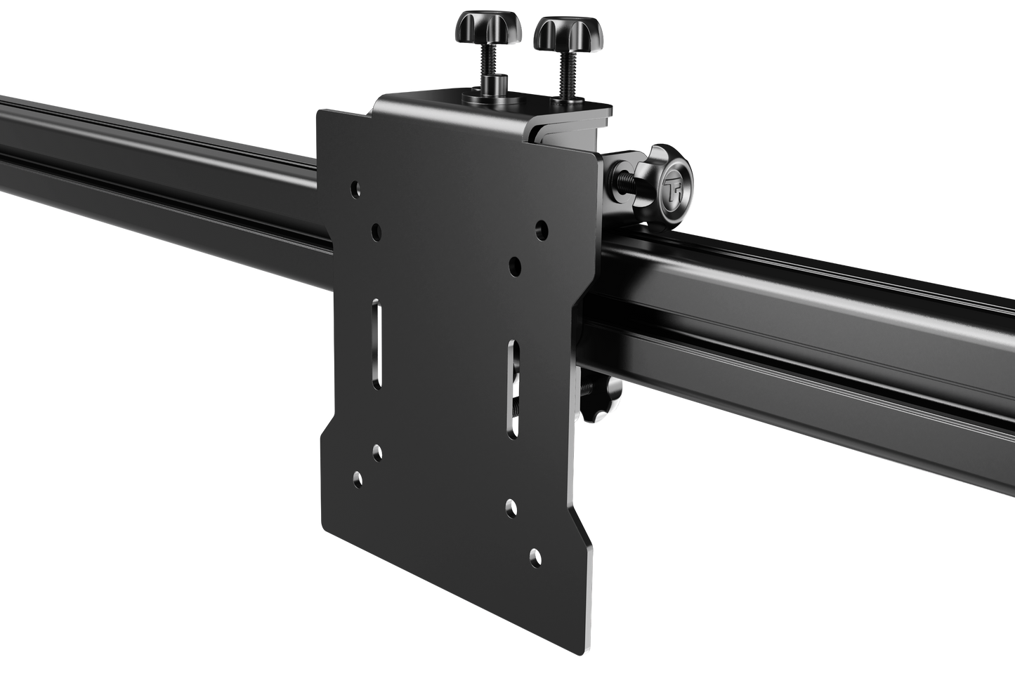 Metal rail system with mounting bracket on a white background