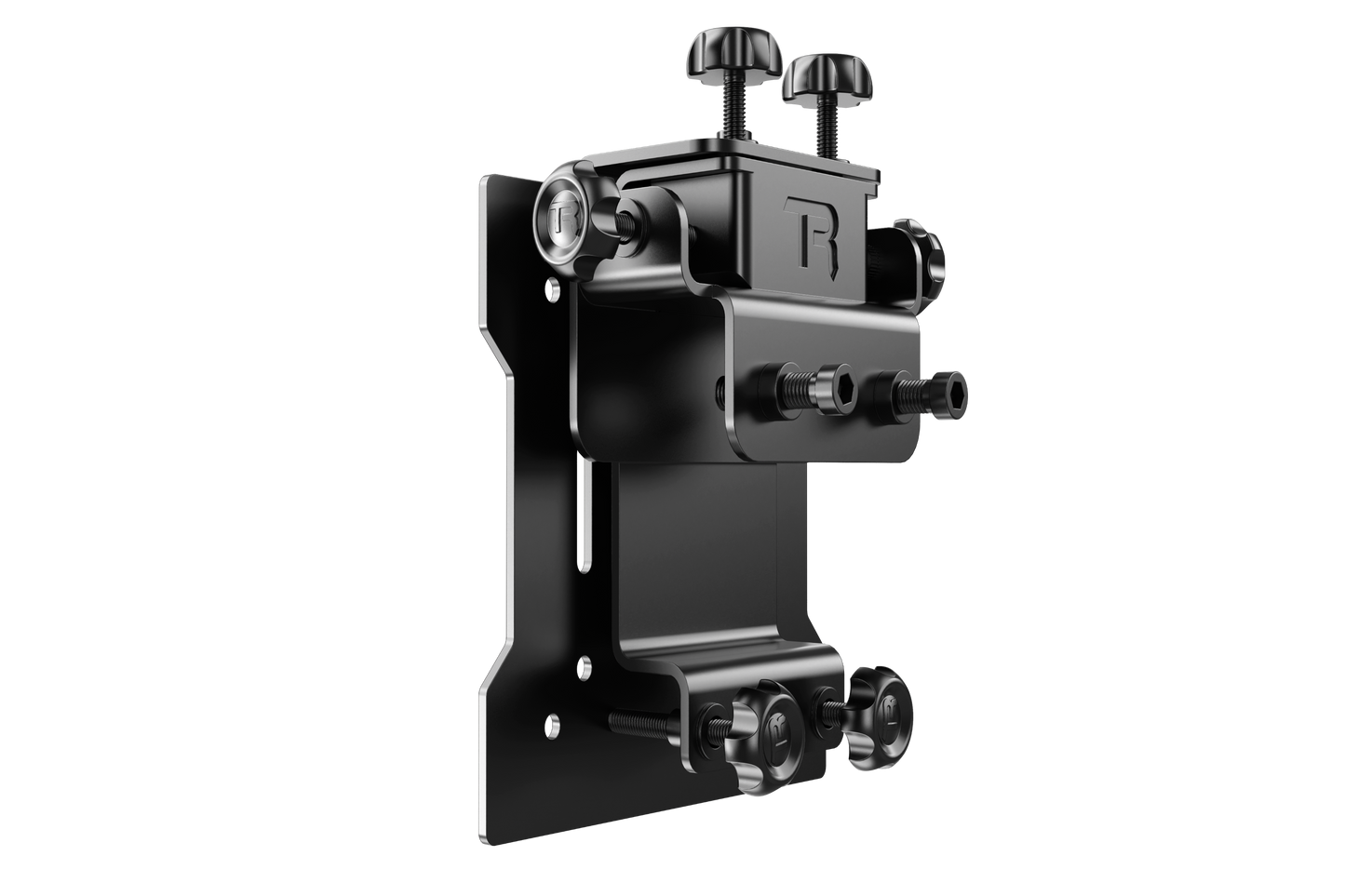 Black metal bracket with adjustable components on a white background