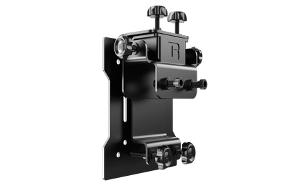 Black metal bracket with adjustable components on a white background