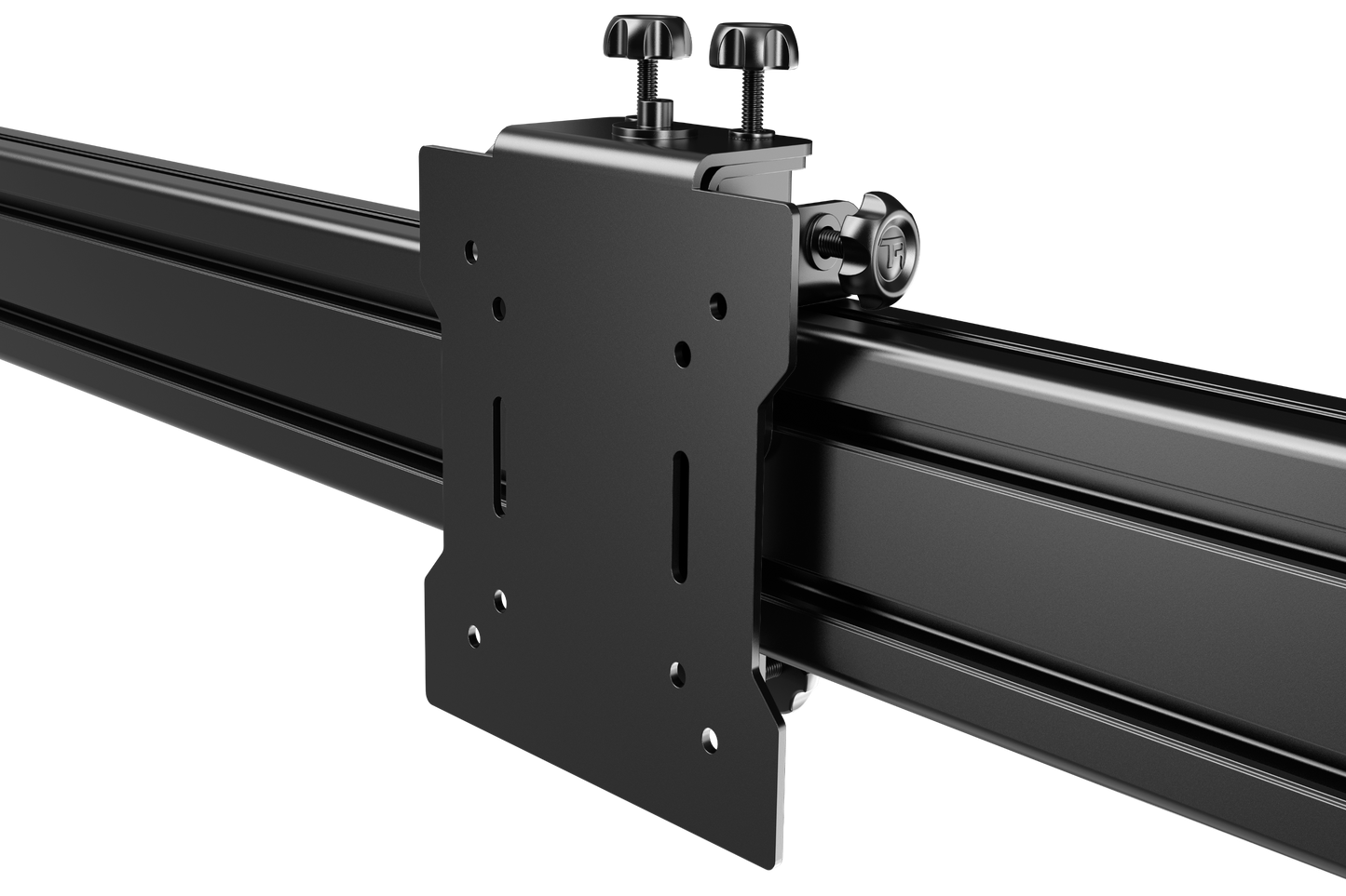 Close-up of a metal track with mounting bracket on a white background