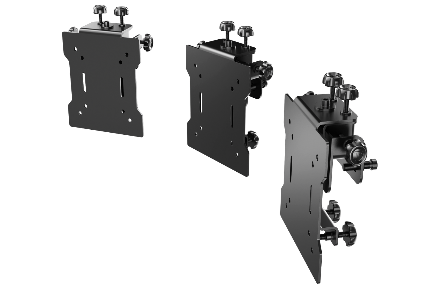 Three black metal brackets on a white background