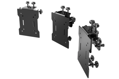 Three black metal brackets on a white background