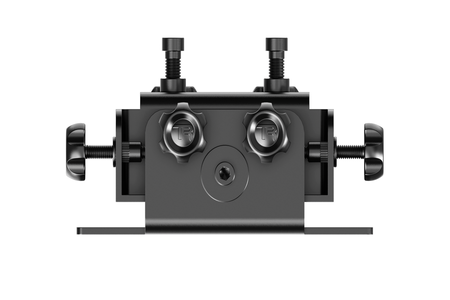 Black metal mechanical component with two cylindrical holes and threaded bolts on a white background