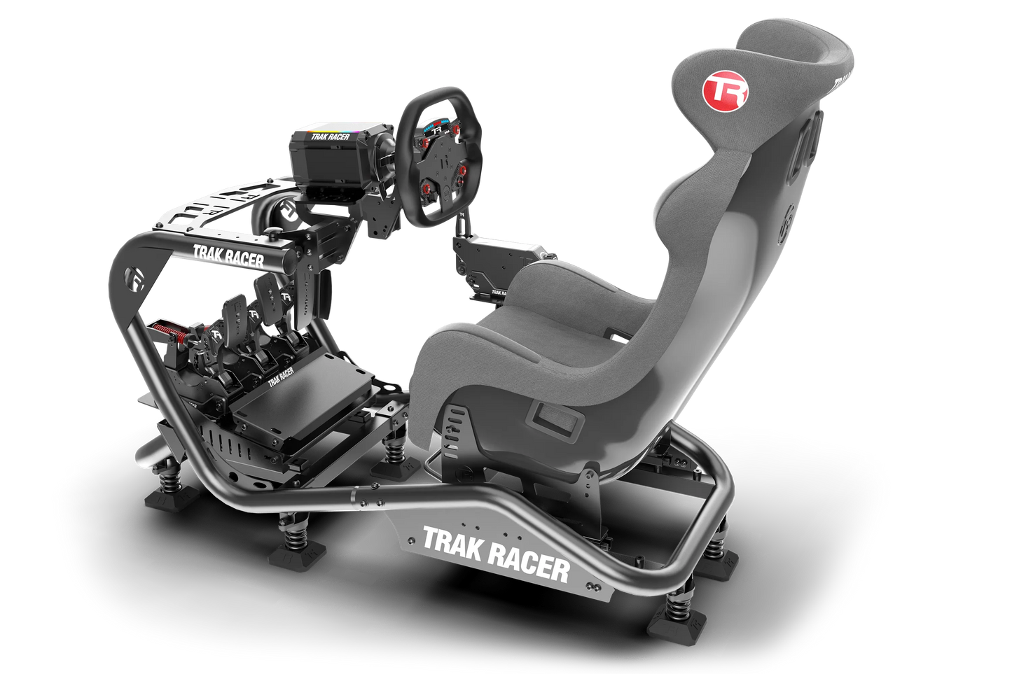 Trak Racer gaming simulator chair and desk setup on a white background