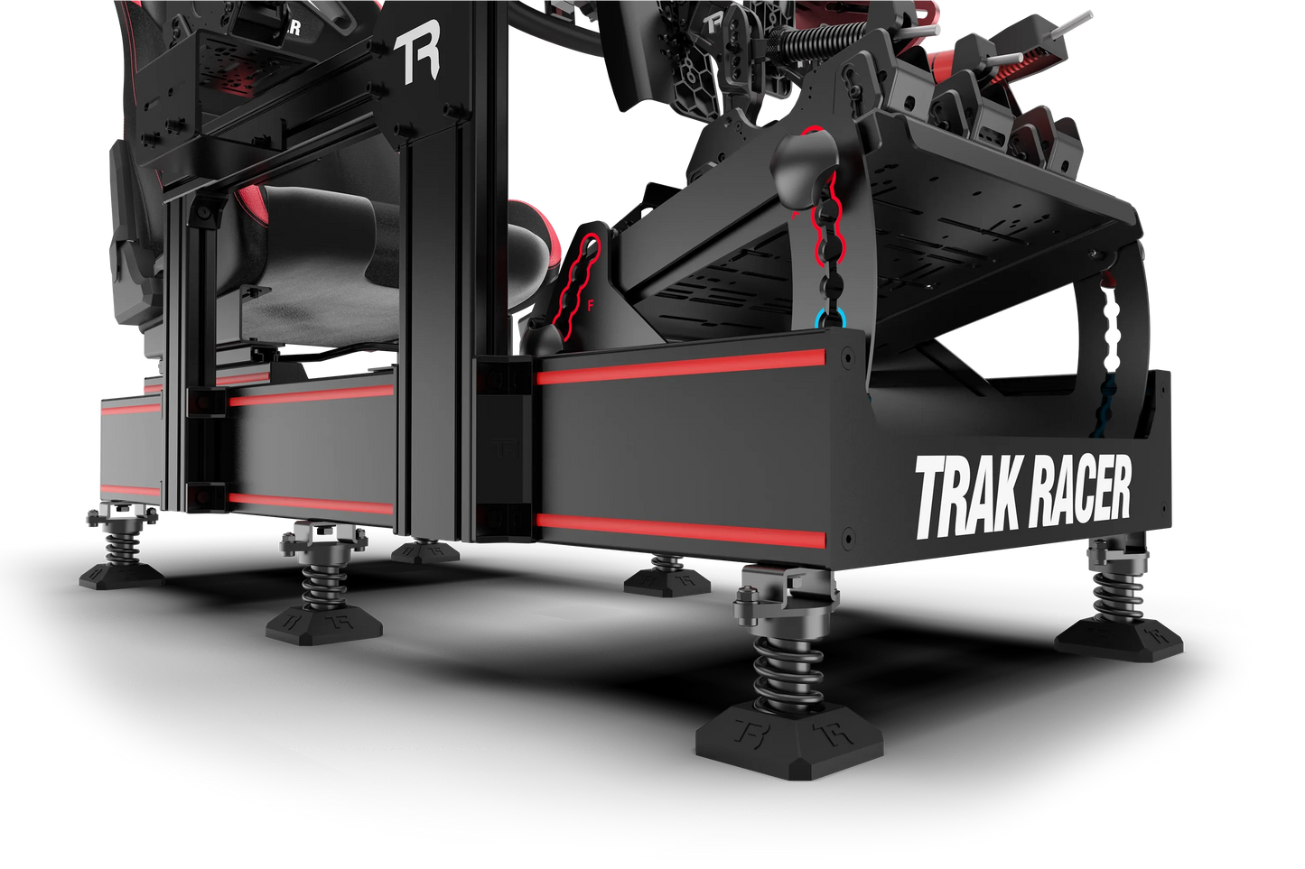 Black and red Trak Racer vehicle on a white background