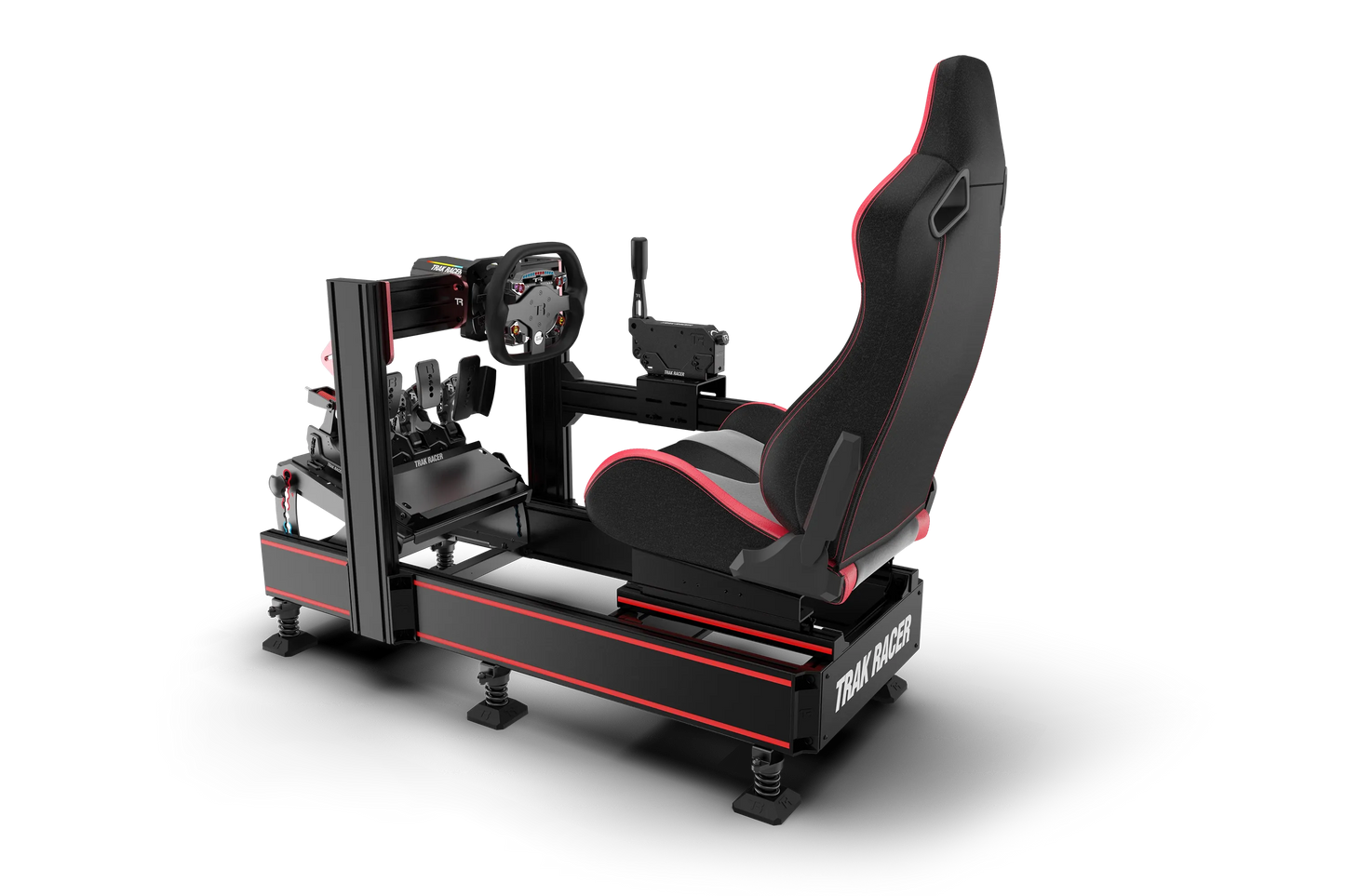 Racing simulator setup with steering wheel and seat on a white background