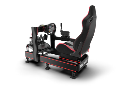 Racing simulator setup with steering wheel and seat on a white background
