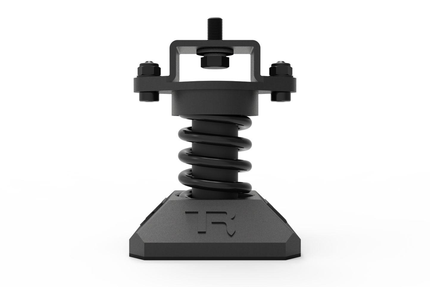 Black metal spring-loaded device on a white background