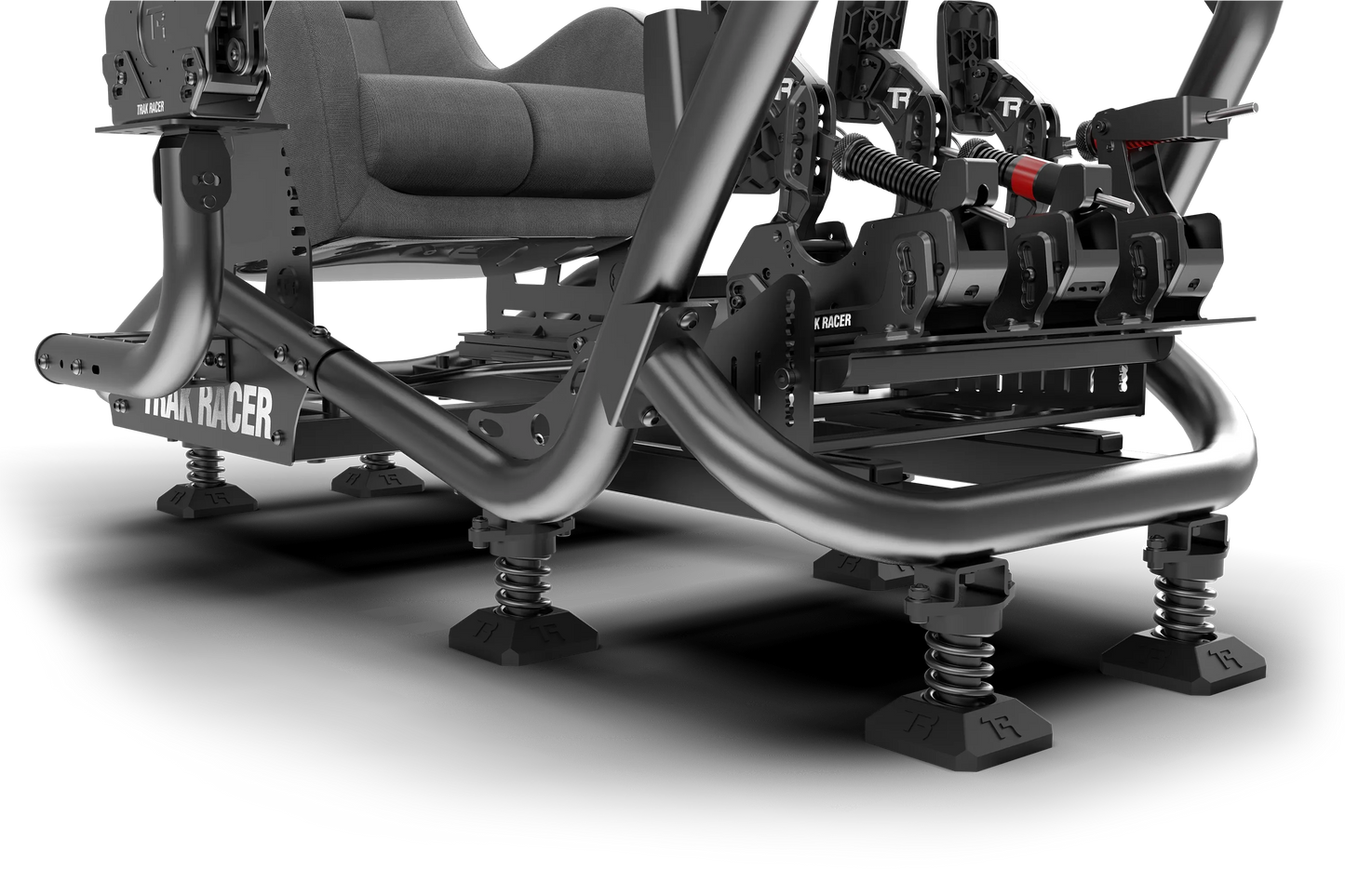 Close-up of a metal frame structure with 'Hooligan Racer' branding on a white background