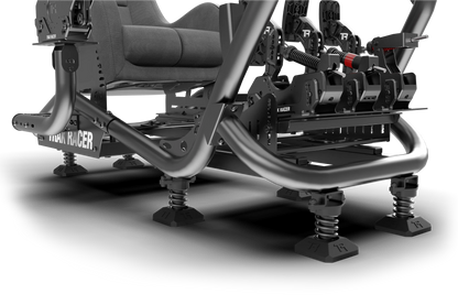 Close-up of a metal frame structure with 'Hooligan Racer' branding on a white background