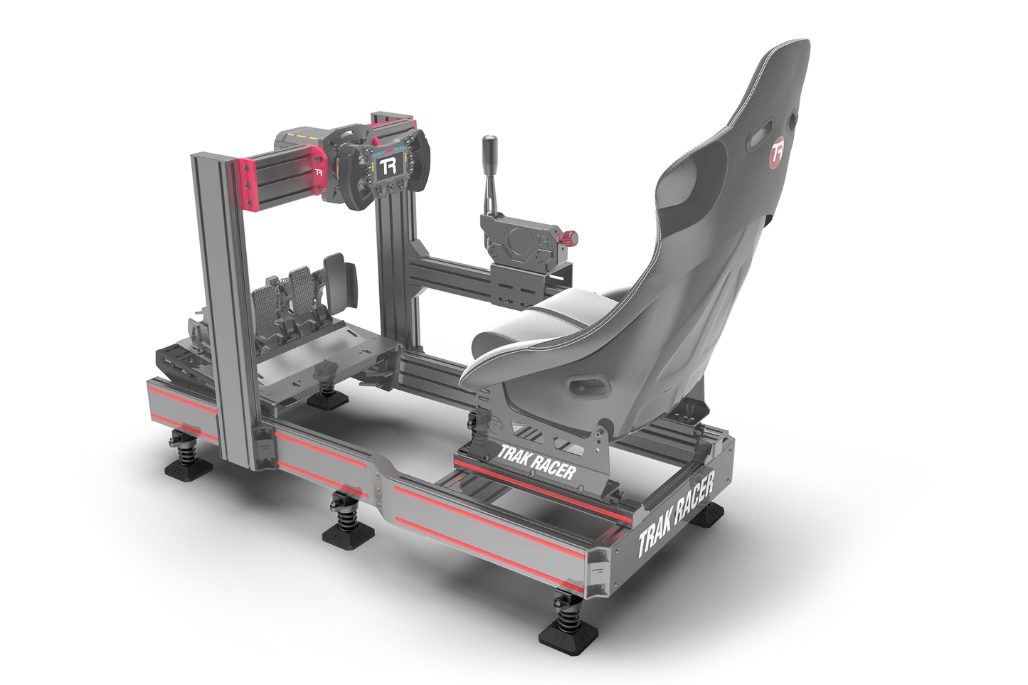 Simulator racing seat and stand with 'TRAX RACER' branding on a white background