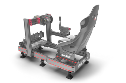 Simulator racing seat and stand with 'TRAX RACER' branding on a white background
