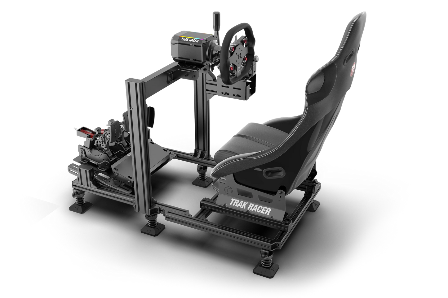 Racing simulator setup with chair and controls on a white background