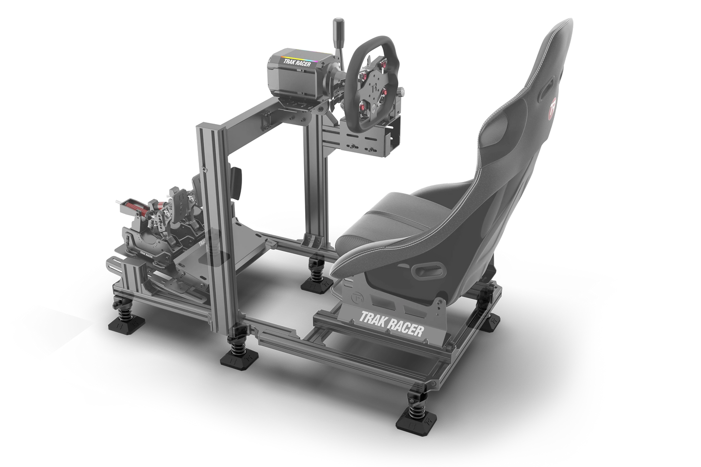 Racing simulator setup with chair and controls on a white background