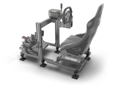 Racing simulator setup with chair and controls on a white background