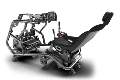 Racing simulator chair with detailed controls on a white background