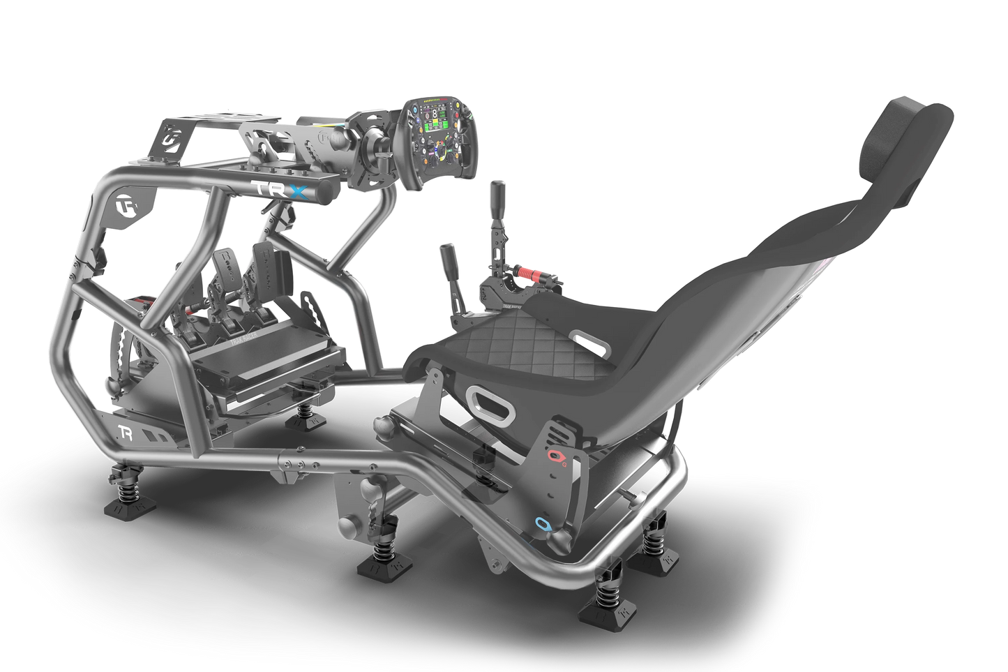 Racing simulator chair with detailed controls on a white background