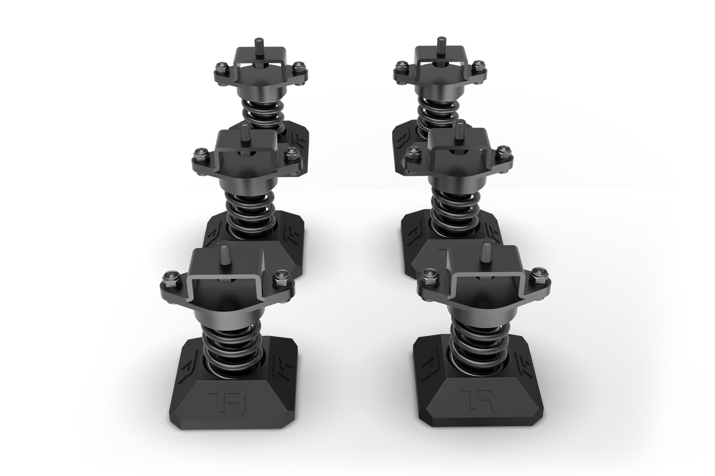 Two black camera tripods on a white background