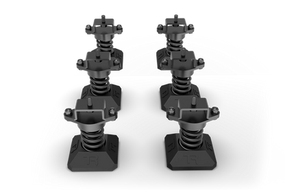 Two black camera tripods on a white background