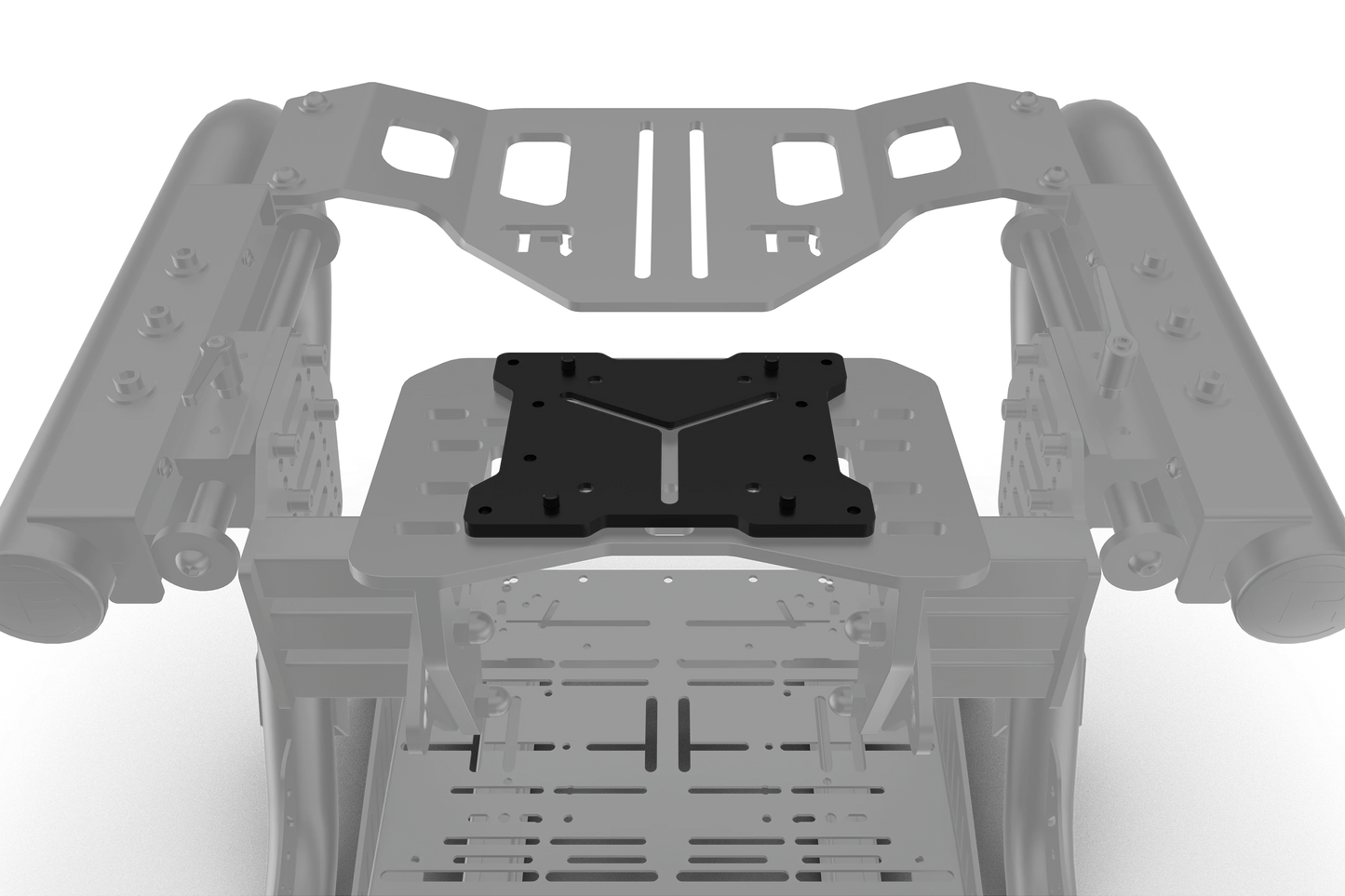 Gray metal frame with a central black component on a white background