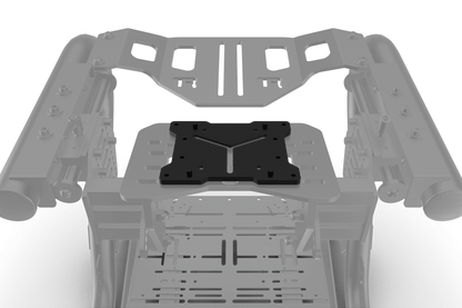 Gray metal frame with a central black component on a white background