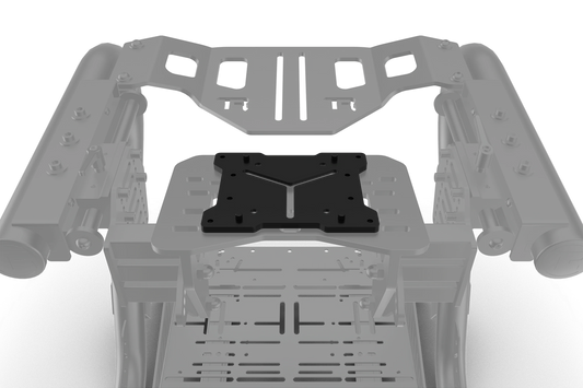 Gray metal frame with a central black component on a white background