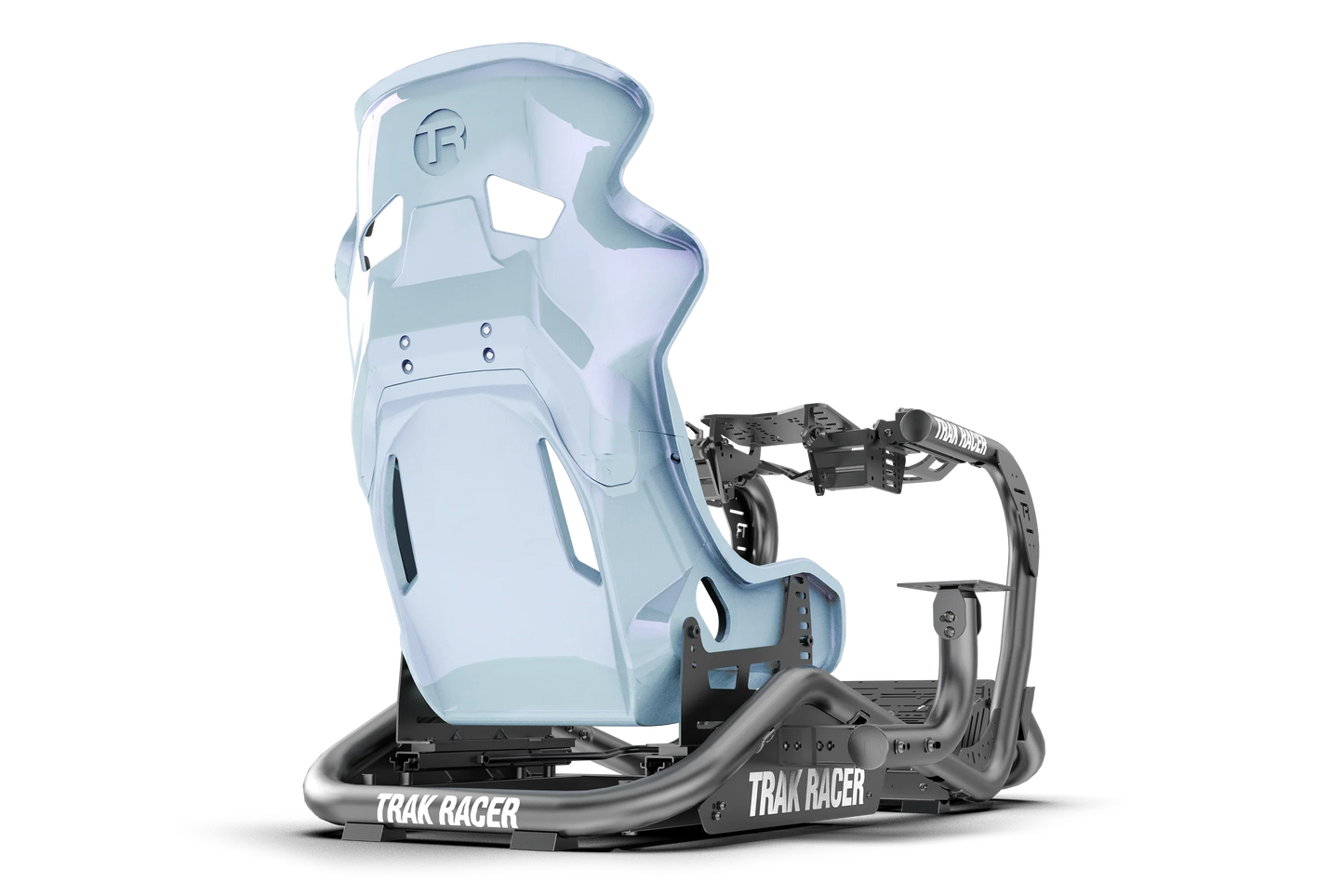 Snowboard binding with light blue plastic and black metal frame on a white background