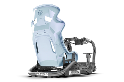 Snowboard binding with light blue plastic and black metal frame on a white background
