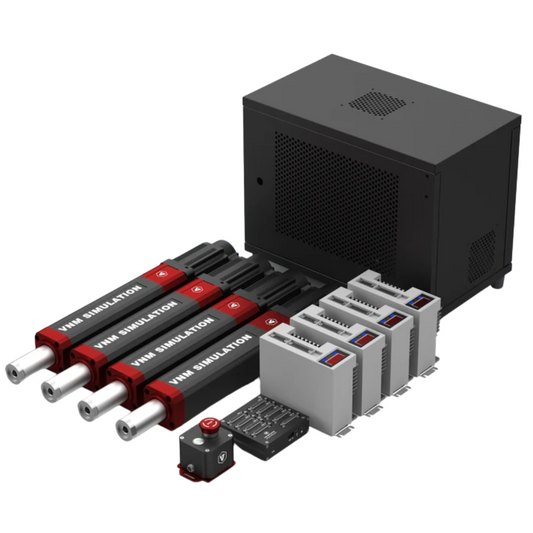 The image shows a VNM Simulation 3DOF Motion Kit which includes four red and black actuator units, mounting brackets, a motion cabinet, a motion controller, and additional components such as fans and an EMI filter.