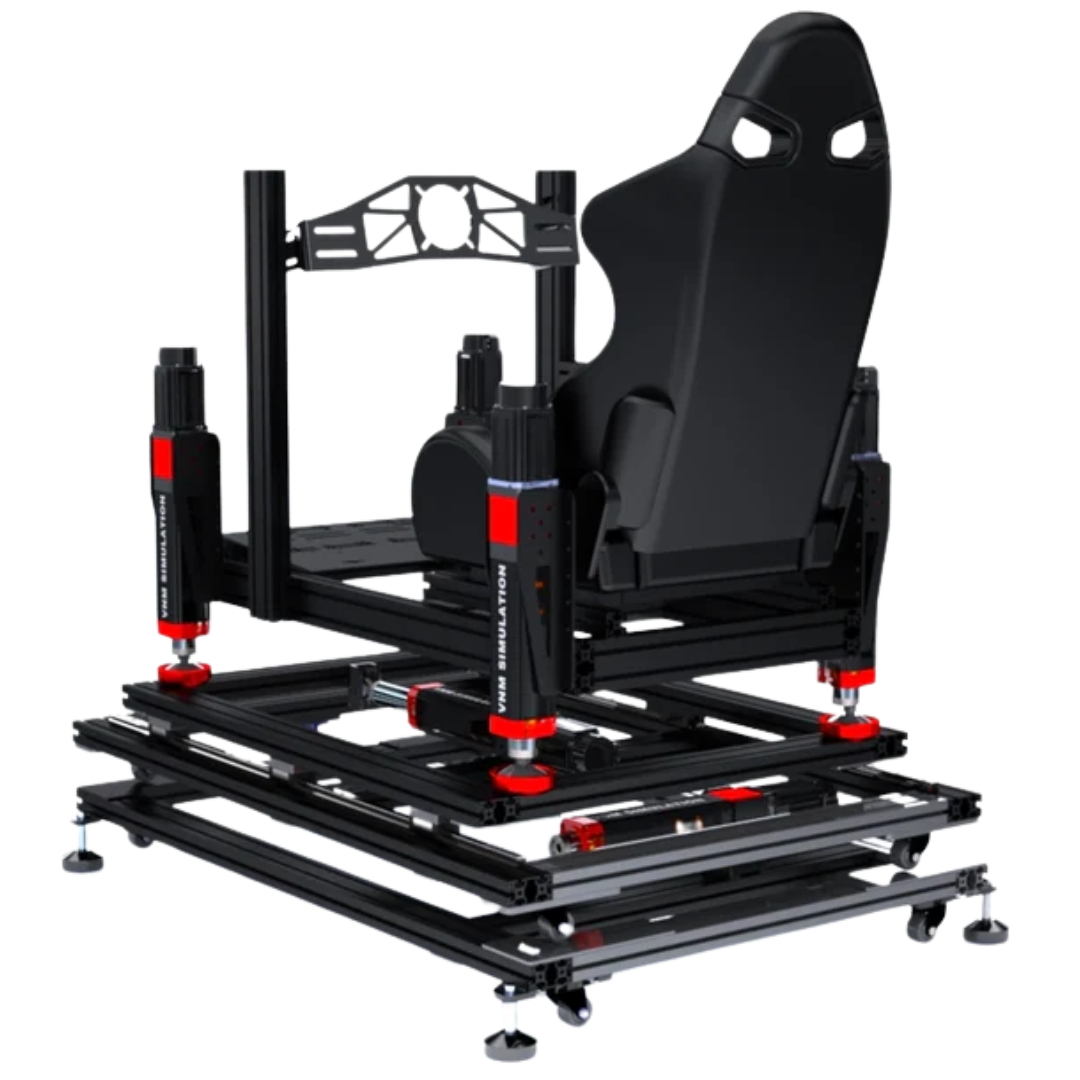 A VNM Simulation 5DOF Motion Platform with multiple degrees of freedom, featuring black actuator rods and a simulated racing seat, without the chassis.