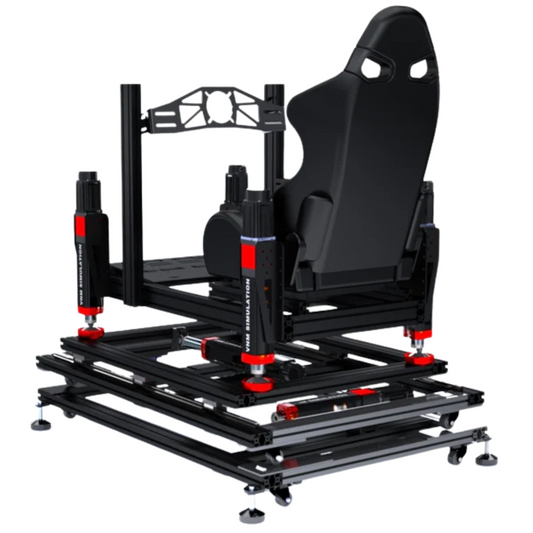 A VNM Simulation 5DOF Motion Platform with multiple degrees of freedom, featuring black actuator rods and a simulated racing seat, without the chassis.