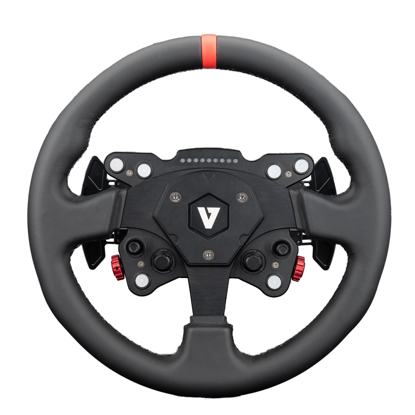 Black steering wheel with a logo on a white background