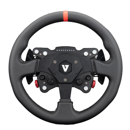 Black steering wheel with a logo on a white background